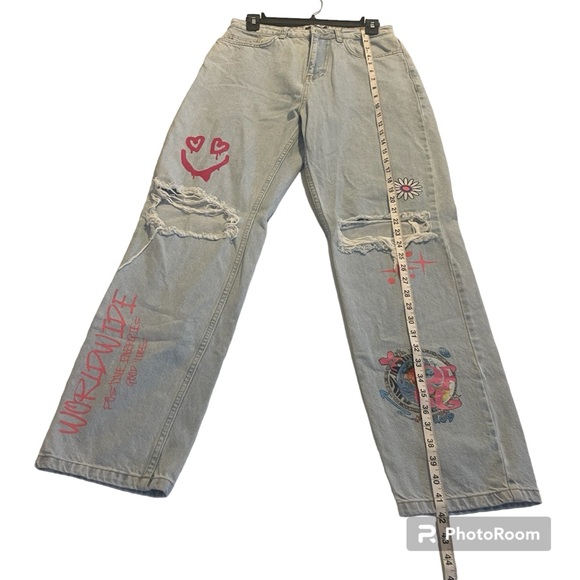 Boohoo straight leg distressed graffiti jeans size 6 90’s Y2K baggy grunge girly - Picture 3 of 13